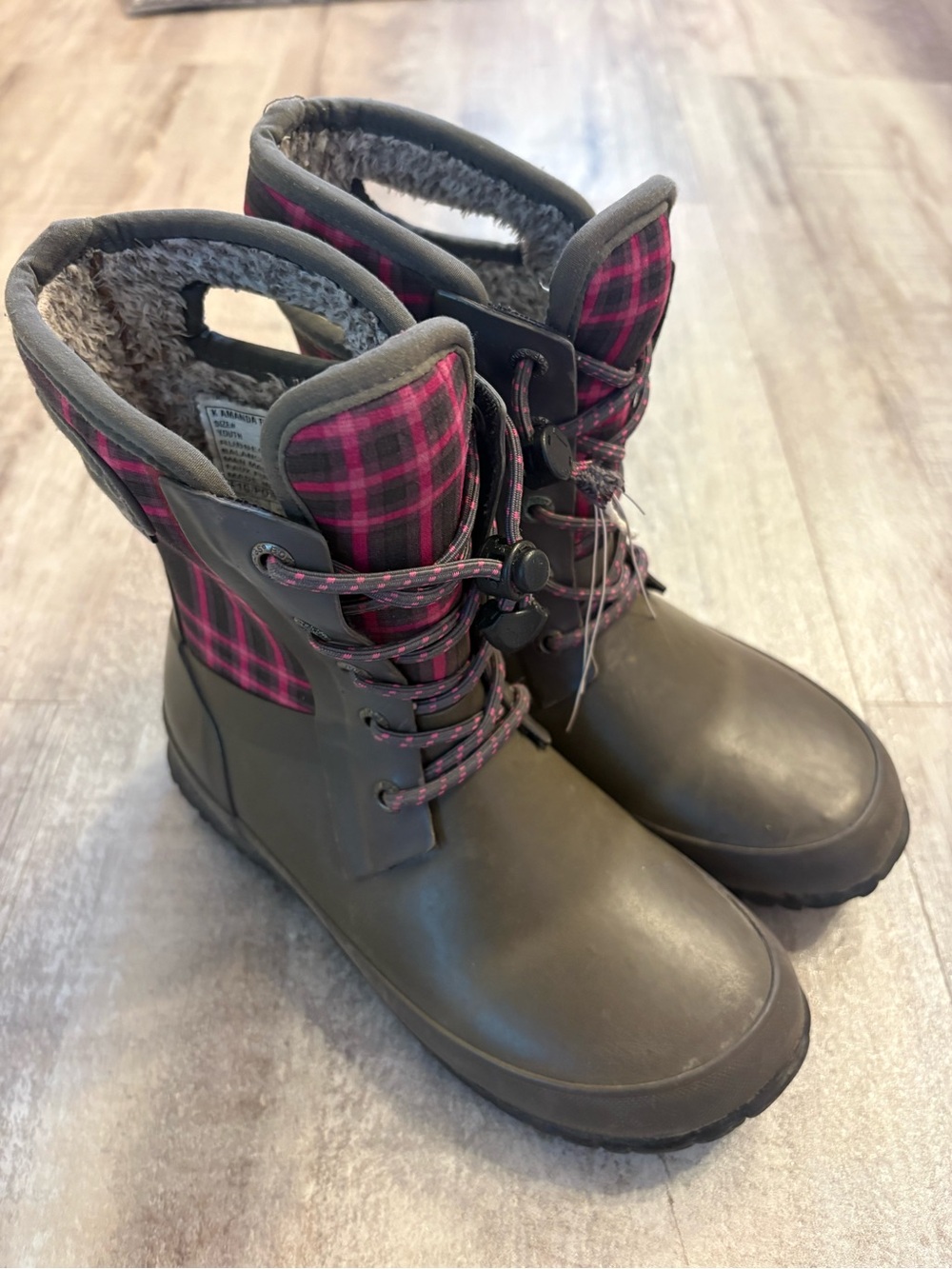 Bogs Gray Pink Amanda Plaid Boots 1